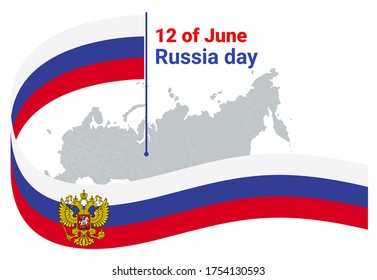 12 of June. Russia day. English title, map and ribbon flag 