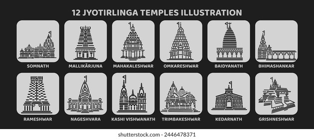 12 Jyotirlinga templos conjunto de iconos de Vector. 12 Shivas Mandir ilustración.