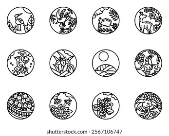 12 kinds of mini circular Hanafuda icon set