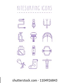 12 Kitesurfing icons set.Color,flat design,line art, thin line,logo,elements,symbols, accessory,equipment,hand drawn.Water sports school,website,banner logo, isolated objects.Kitesurfing, kiteboarding