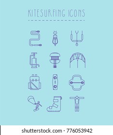 12 Kitesurfing icons set.Color,flat design,line art, thin line,logo,elements,symbols, accessory,equipment,hand drawn.Water sports school,website,banner logo, isolated objects.Kitesurfing, kiteboarding