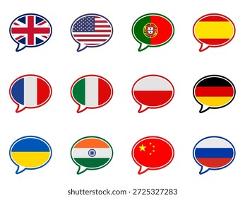 12 Iconos de la burbuja del discurso del lenguaje con las banderas, Ilustración vectorial editable.
