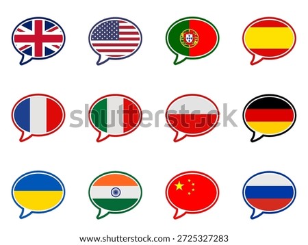 12 Language speech bubble icons with flags, editable vector illustration.