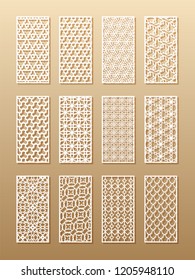 12 laser patterns for room walls in the Arabic style. Traditional oriental ornament in a rectangle for the design of a screen, privacy panels, a fence. Laser cutting of paper, vinyl, plywood, wood.