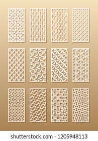 12 laser patterns for room walls in the Arabic style. Traditional oriental ornament in a rectangle for the design of a screen, privacy panels, a fence. Laser cutting of paper, vinyl, plywood, wood.