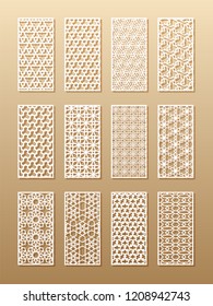 12 laser patterns for room walls in the Arabic style. Traditional oriental ornament in a rectangle for the design of a screen, privacy panels, a fence. Laser cutting of paper, vinyl, plywood, wood.