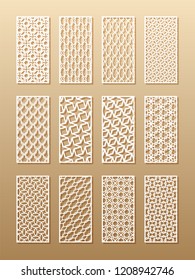 12 laser patterns for room walls in the Arabic style. Traditional oriental ornament in a rectangle for the design of a screen, privacy panels, a fence. Laser cutting of paper, vinyl, plywood, wood.