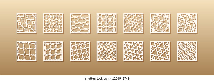 12 laser patterns for room walls in the Arabic style. Traditional oriental ornament in a rectangle for the design of a screen, privacy panels, a fence. Laser cutting of paper, vinyl, plywood, wood.