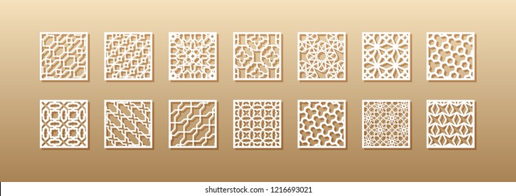 12 laser patterns for room walls in the Arabic style. Traditional oriental ornament in a rectangle for the design of a screen, privacy panels, a fence. Laser cutting of paper, vinyl, plywood, wood.