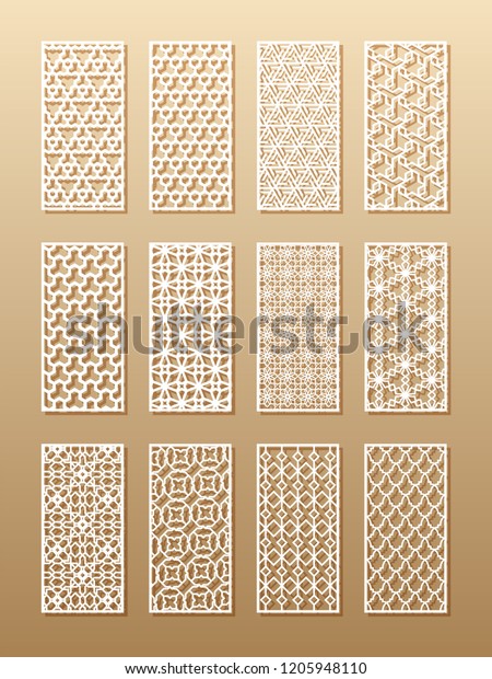 12 laser patterns for room walls in the Arabic\
style. Traditional oriental ornament in a rectangle for the design\
of a screen, privacy panels, a fence. Laser cutting of paper,\
vinyl, plywood, wood.