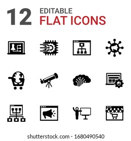12 learning filled icons set isolated on white background. Icons set with Distance teacher, Machine learning, Mobile Learning, eLearning, Astronomy, Global education, Online coaching icons.