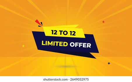 12 to 12 limited offer editable web banner vector art illustration template design badge icon label dark blue yellow shapes orange sun shine abstract business background unique modern sale design
