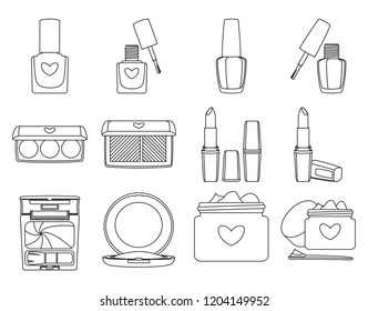 12 line art black and white make up elements. Cosmetic objects for women gifts. Beauty themed vector illustration for icon, logo, stamp, label, sticker, badge, gift card or certificate decoration
