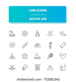 12. Line icons set. Active life pack. Vector illustration for activity and gym, health care and sport.