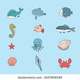12 living things icons in the sea. minimal line illustration.