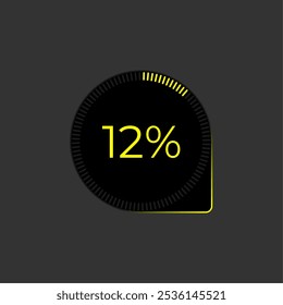 12% de carga. Vetor de Diagrama Ui. Ícone de andamento do download. Interface de diagrama de círculo. Doze por cento baixando.