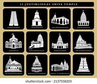 Icono vectorial de los templos del Señor Shiva. 12 templo jyotirlingas. Icono de templos Shiva. mandir de shiv negro y blanco.