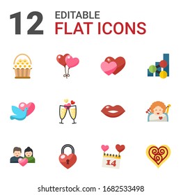 12 love flat icons set isolated on white background. Icons set with flower basket, balloons, dove, champagne, social media trends, couple, heart lock, Valentines Day, Quilling icons.