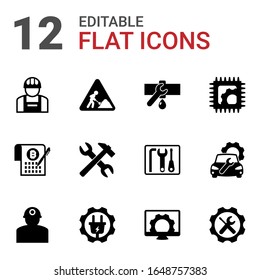 12 maintenance filled icons set isolated on white background. Icons set with builder, construction works, Plumbing service, Smart Contract, tools, Electronics repair, worker icons.