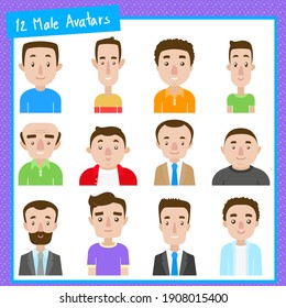 12 male avatars caucasic and 1 patron