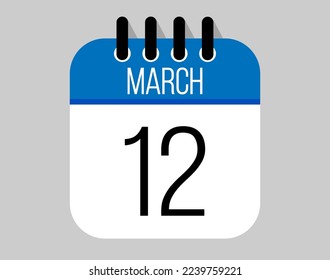 12 March calendar icon. Blue calendar vector for March weekdays. Calendar page design on isolated background
