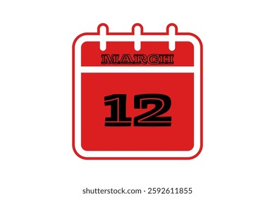 12 March calendar icon text page monthly web design on red, black and white background vector, icon, or illustration with the month of March 12