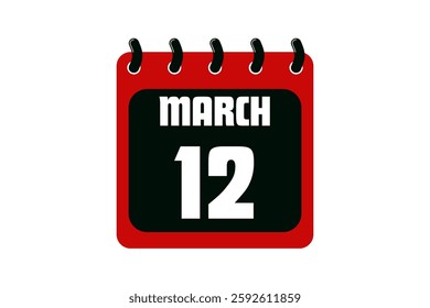12 March calendar icon text page monthly web design on red, black and white background vector, icon, or illustration with the month of March 12