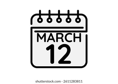 12 March calendar icon text page monthly web design on black and white background vector, icon, or illustration with the month of March 12