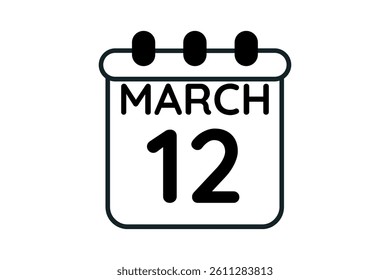 12 March calendar icon text page monthly web design on black and white background vector, icon, or illustration with the month of March 12