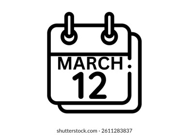 12 March calendar icon text page monthly web design on black and white background vector, icon, or illustration with the month of March 12
