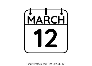 12 March calendar icon text page monthly web design on black and white background vector, icon, or illustration with the month of March 12