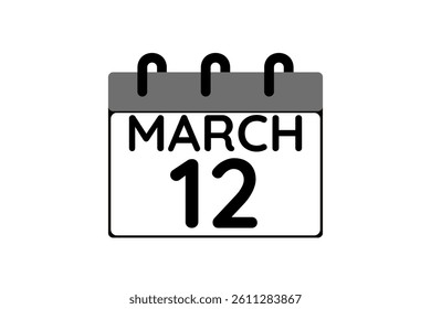 12 March calendar icon text page monthly web design on black and white background vector, icon, or illustration with the month of March 12
