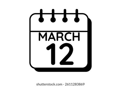 12 March calendar icon text page monthly web design on black and white background vector, icon, or illustration with the month of March 12