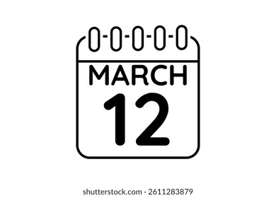 12 March calendar icon text page monthly web design on black and white background vector, icon, or illustration with the month of March 12