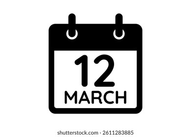 12 March calendar icon text page monthly web design on black and white background vector, icon, or illustration with the month of March 12