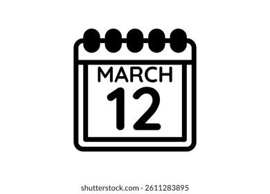 12 March calendar icon text page monthly web design on black and white background vector, icon, or illustration with the month of March 12