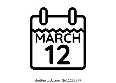 12 March calendar icon text page monthly web design on black and white background vector, icon, or illustration with the month of March 12