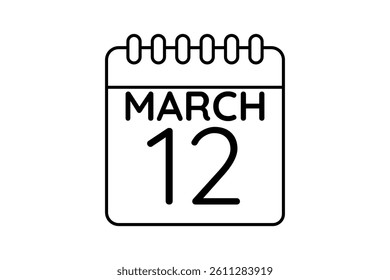 12 March calendar icon text page monthly web design on black and white background vector, icon, or illustration with the month of March 12