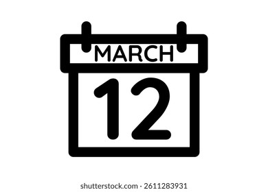 12 March calendar icon text page monthly web design on black and white background vector, icon, or illustration with the month of March 12