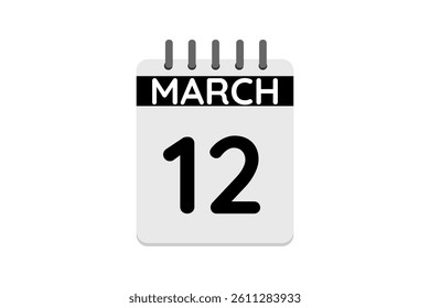 12 March calendar icon text page monthly web design on black and white background vector, icon, or illustration with the month of March 12