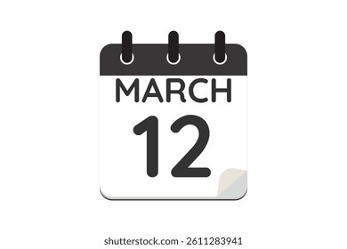 12 March calendar icon text page monthly web design on black and white background vector, icon, or illustration with the month of March 12