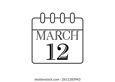 12 March calendar icon text page monthly web design on black and white background vector, icon, or illustration with the month of March 12