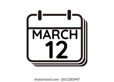 12 March calendar icon text page monthly web design on black and white background vector, icon, or illustration with the month of March 12