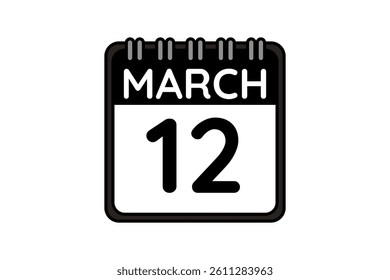 12 March calendar icon text page monthly web design on black and white background vector, icon, or illustration with the month of March 12