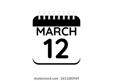 12 March calendar icon text page monthly web design on black and white background vector, icon, or illustration with the month of March 12