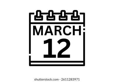12 March calendar icon text page monthly web design on black and white background vector, icon, or illustration with the month of March 12