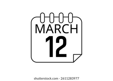 12 March calendar icon text page monthly web design on black and white background vector, icon, or illustration with the month of March 12