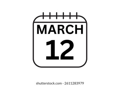12 March calendar icon text page monthly web design on black and white background vector, icon, or illustration with the month of March 12