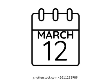 12 March calendar icon text page monthly web design on black and white background vector, icon, or illustration with the month of March 12