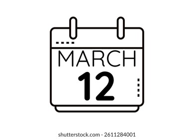 12 March calendar icon text page monthly web design on black and white background vector, icon, or illustration with the month of March 12